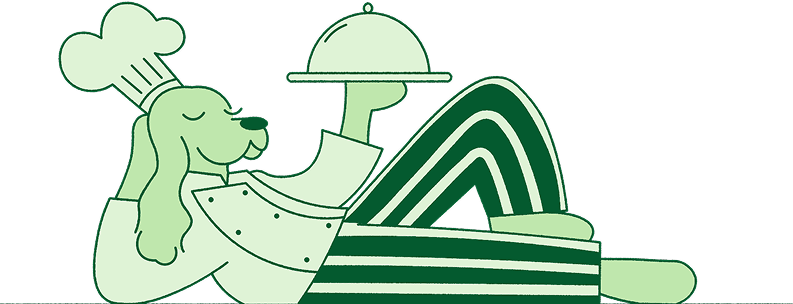 Illustration of a dog in a chef's outfit with a hat, sitting on a green and white striped chair.